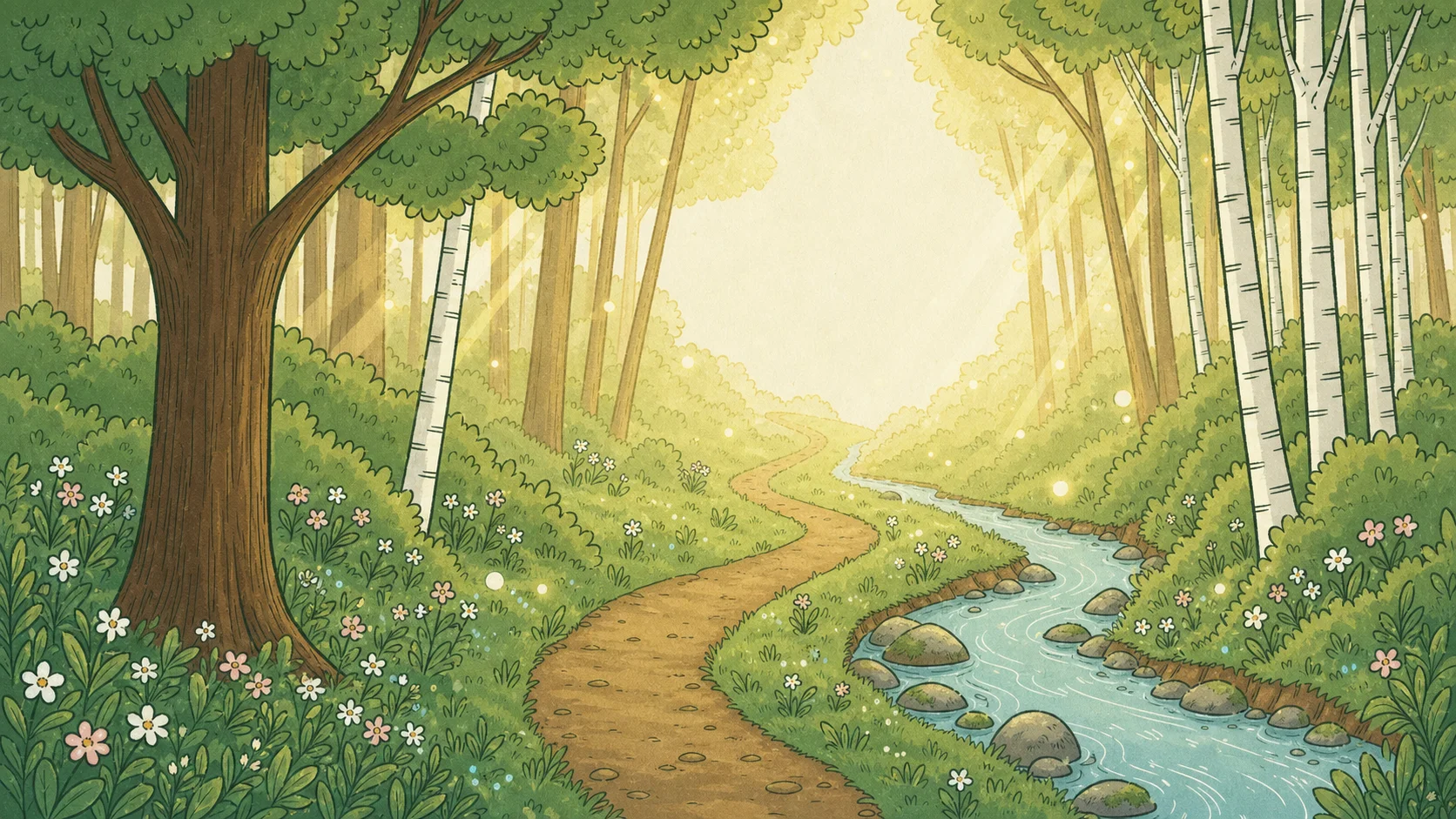 木漏れ日の差す手描き風の森。手前に苔むした大木、中央奥へ続く明るい小道が伸びる情景